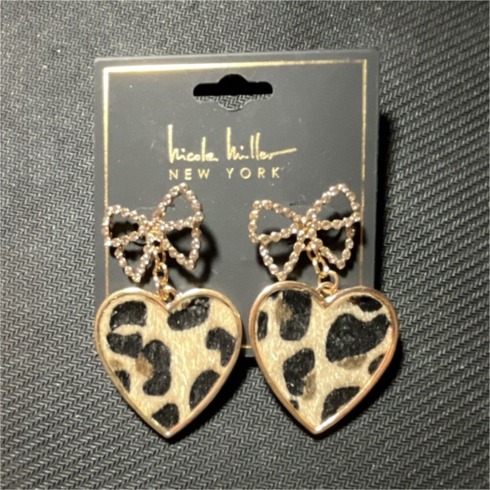 Nicole Miller New York Heart Bow Leopard Print Dangle Earrings, Gold Black Beige